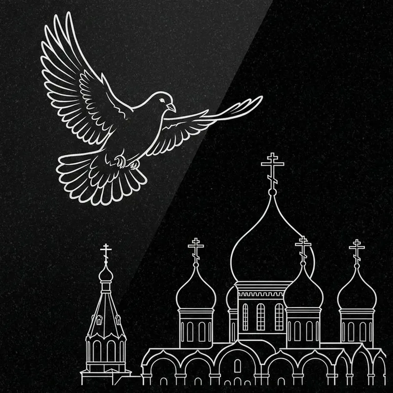 Эскиз гравировки голубей на памятник — голубь в небе над храмом в Липецке