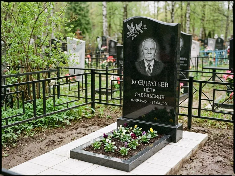Памятник с гравировкой голубей — гравировка пары голубей на ветке в верхнем углу стелы, работа «Кондратьев» в Липецке