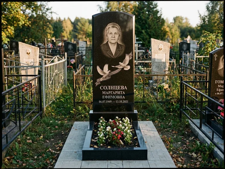 Памятник с гравировкой голубей — гравировка двух летящих голубей с лентой по диагонали стелы, работа «Солнцева» в Липецке