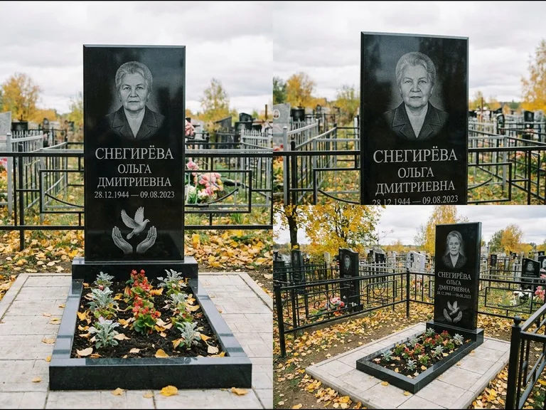 Памятник с гравировкой голубей — гравировка голубя над раскрытыми ладонями внизу стелы, работа «Снегирёва» в Липецке