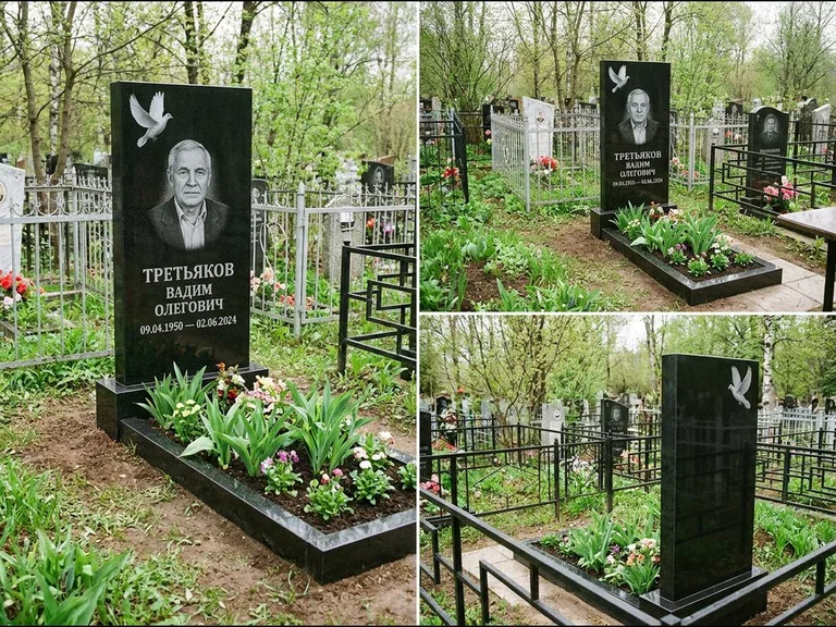 Памятник с гравировкой голубей — белая гравировка взлетающего голубя над портретом, работа «Третьяков» в Липецке