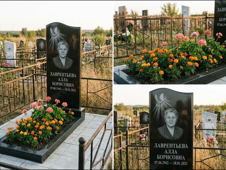 Памятник с гравировкой голубей — гравировка голубя в лучах света над портретом, работа «Лаврентьева» в Липецке