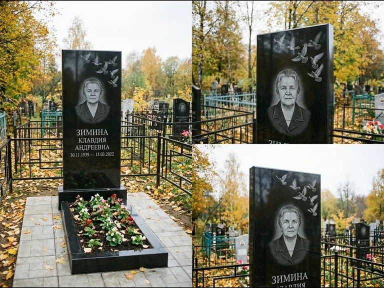 Памятник с гравировкой голубей — гравировка стаи голубей, взлетающей от угла стелы, работа «Зимина» в Липецке