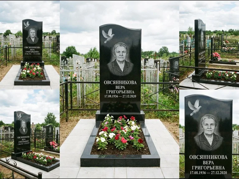 Памятник с гравировкой голубей — белая гравировка взлетающего голубя над портретом, работа «Овсянникова» в Липецке