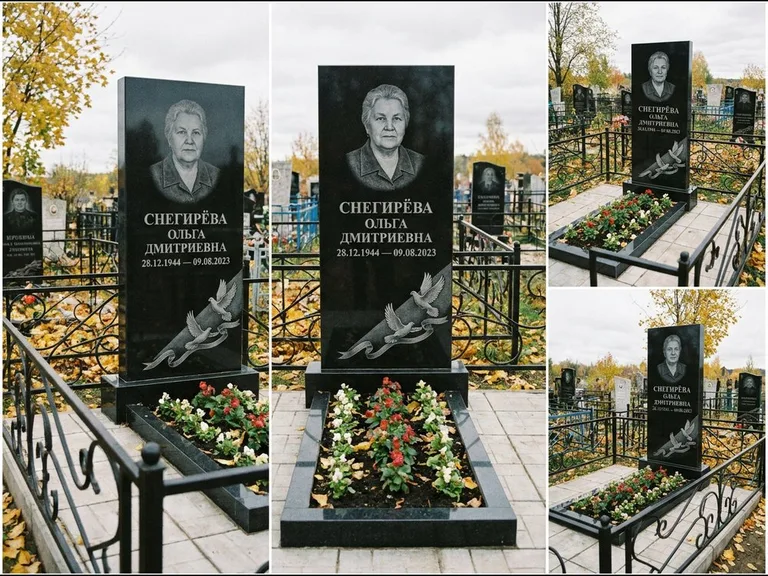 Памятник с гравировкой голубей — гравировка двух летящих голубей с лентой по диагонали стелы, работа «Снегирёва» в Липецке