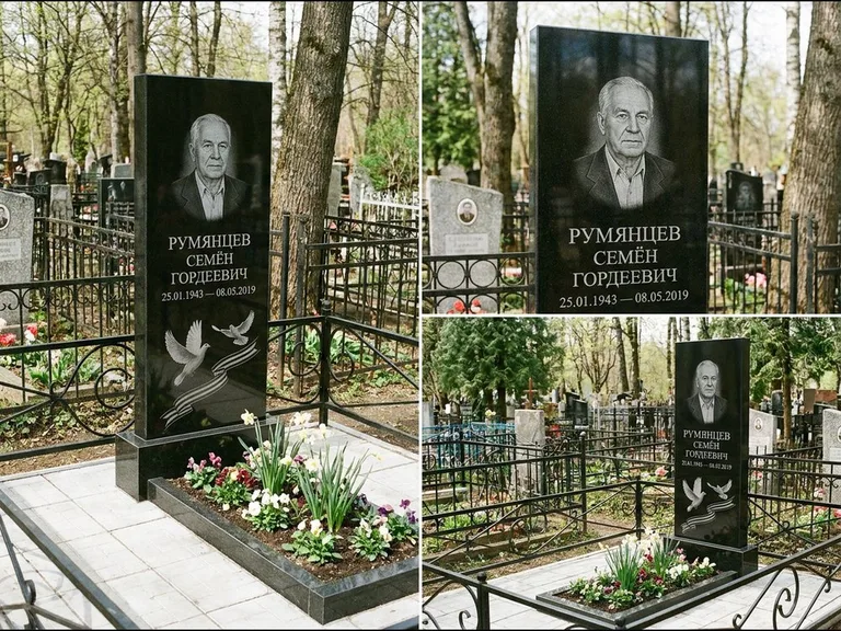 Памятник с гравировкой голубей — гравировка двух летящих голубей с лентой по диагонали стелы, работа «Румянцев» в Липецке