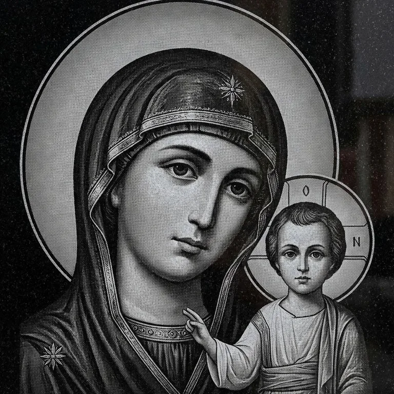 Эскиз иконы: Казанская (полутон) — детальный образ Богородицы, гравировка на памятник в Липецке