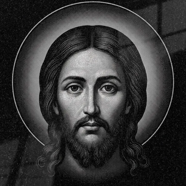Эскиз иконы: Спас Нерукотворный (полутон) — детальный лик на убрусе, гравировка на памятник в Липецке
