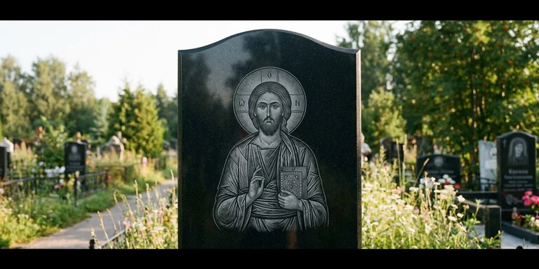 Иконы для гравировки на памятник в Липецке — образ на стеле из чёрного гранита с ручной доводкой лика