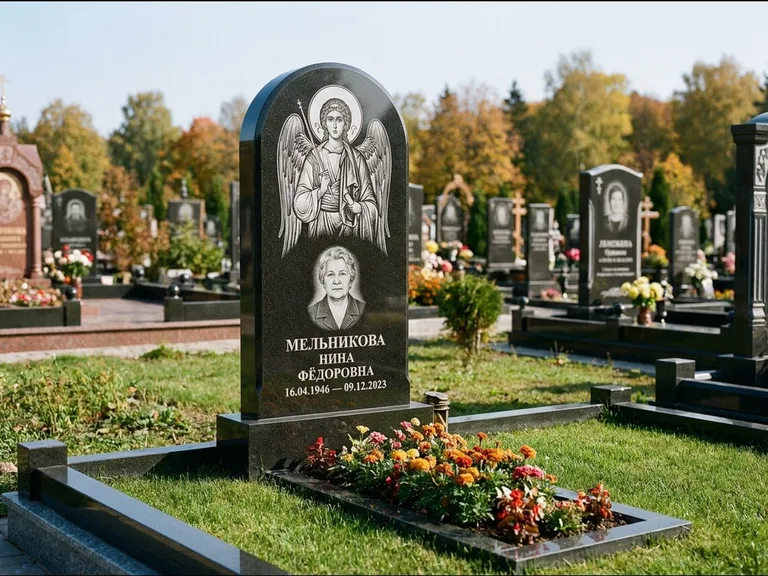 Памятник с гравировкой иконы — икона над портретом усопшего, работа «Журавлёв» в Липецке