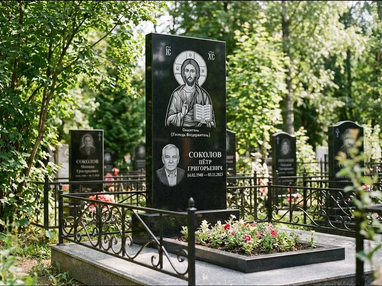 Памятник с гравировкой иконы — икона Спаса Вседержителя над именем усопшего, работа «Воронцова» в Липецке