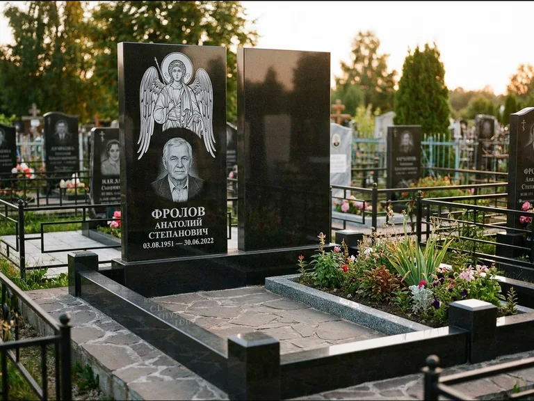 Памятник с гравировкой иконы: стела с резной рамкой вокруг иконы — Архангел Михаил на стеле, белая мраморная крошка с бордюром, работа «Богданова» в Липецке