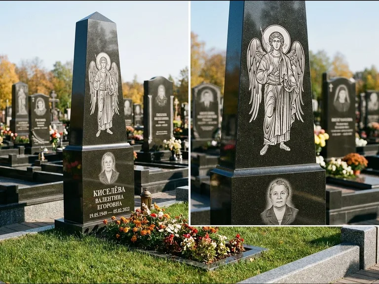 Памятник с гравировкой иконы: асимметричная скошенная стела — гравировка образа Спасителя, живая изгородь из кустарника, работа «Третьяков» в Липецке