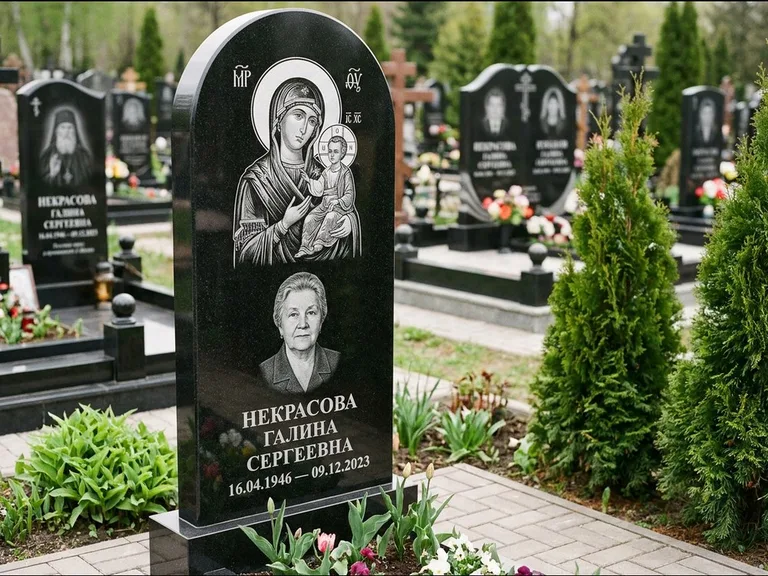 Памятник с гравировкой иконы: фигурная стела с киот-нишей под икону — икона в резной рамке-киоте, светлая гравийная отсыпка, работа «Журавлёв» в Липецке
