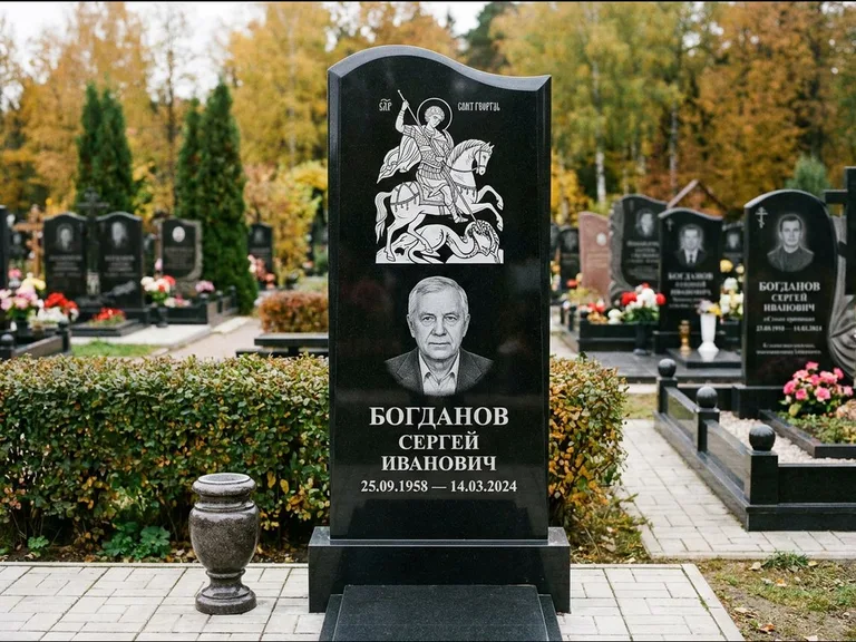 Памятник с гравировкой иконы: монументальный семейный мемориал из двух стел на общем цоколе — гравировка Николая Чудотворца, мощёная гранитная площадка без ограды, работа «Раевская» в Липецке