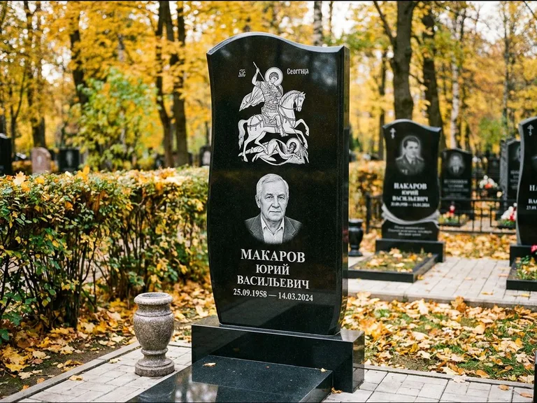 Памятник с гравировкой иконы — икона над портретом усопшего, работа «Раевская» в Липецке