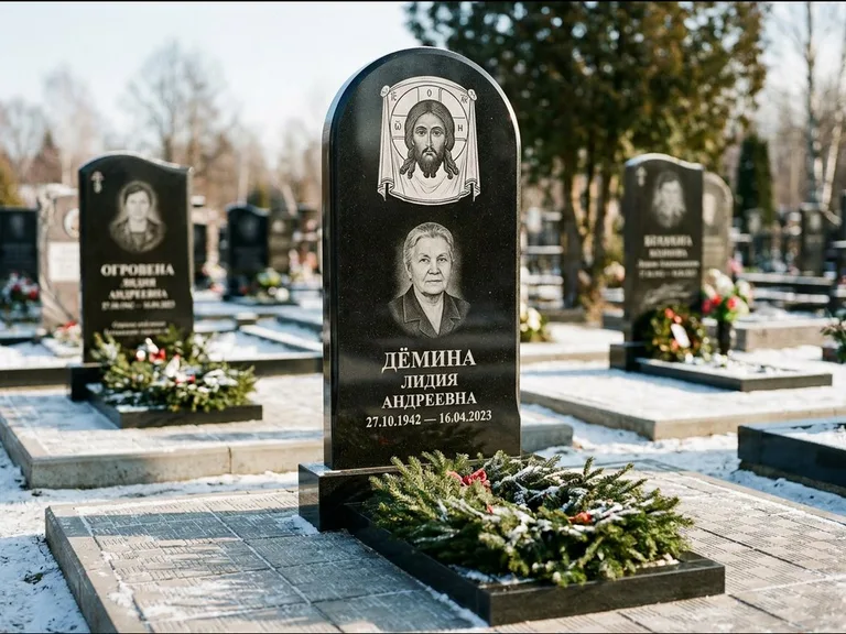 Памятник с гравировкой иконы — икона Спаса Вседержителя над именем усопшего, работа «Ковалёв» в Липецке