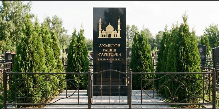 Гравировка мечети на памятник в Липецке — стела из чёрного гранита, оформление по канонам ислама