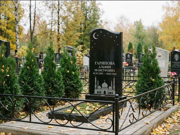 Мусульманский памятник с гравировкой мечети — мечеть с луной в ночном небе, работа «Гарипова» в Липецке