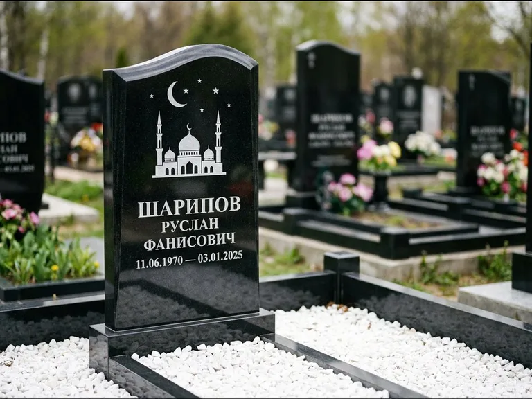 Мусульманский памятник с гравировкой мечети: стела с волнообразным скошенным верхом — гравировка мечети под полумесяцем и звёздами, белая мраморная крошка с бордюром, работа «Шарипов» в Липецке