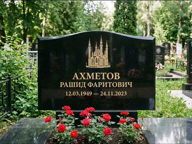 Мусульманский памятник с гравировкой мечети: широкая двойная семейная стела — золочёная гравировка мечети, цветник с красными розами, работа «Ахметов» в Липецке