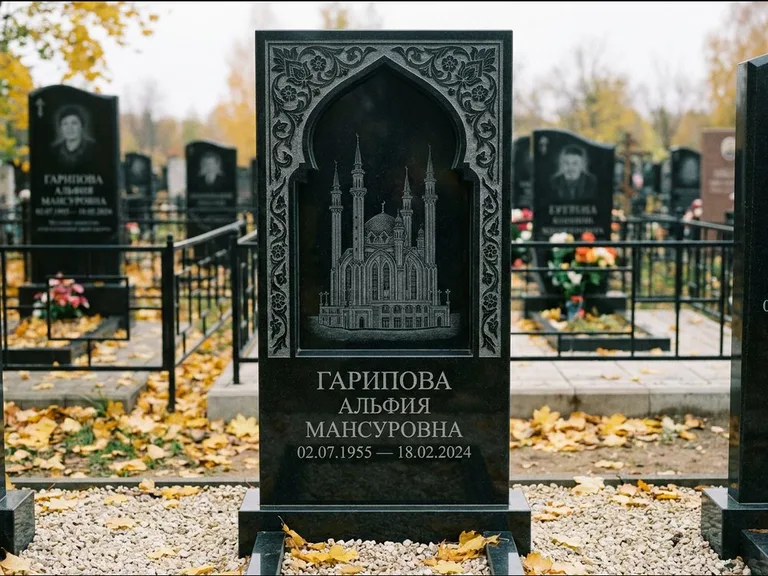Мусульманский памятник с гравировкой мечети: фигурная стела с михраб-нишей — гравировка мечети в михраб-арке с орнаментом, светлая гравийная отсыпка, работа «Гарипова» в Липецке