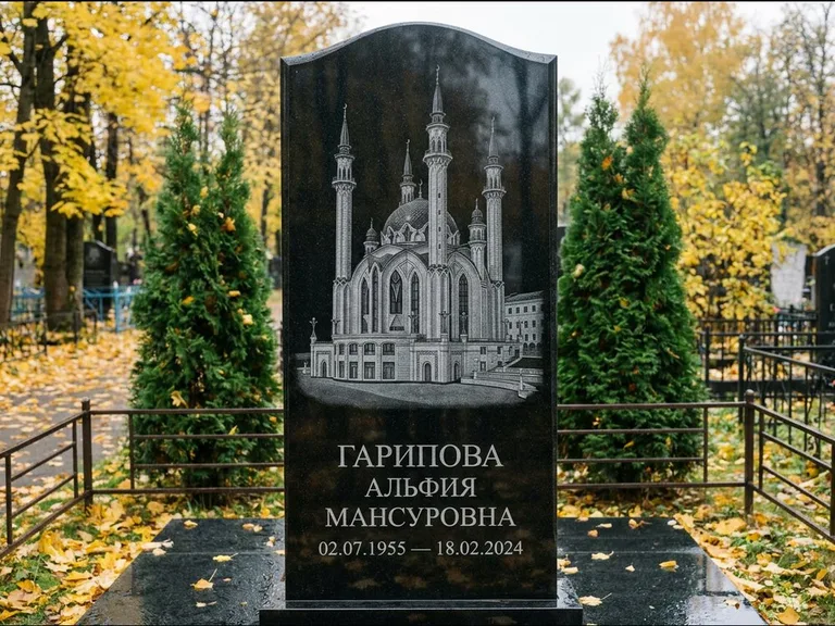 Мусульманский памятник с гравировкой мечети — мечеть Кул-Шариф на обороте стелы, работа «Гарипова» в Липецке