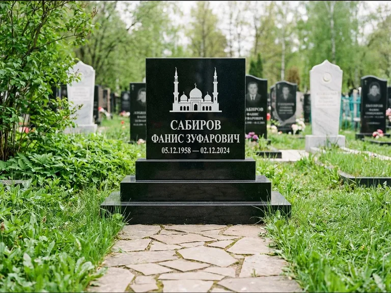 Мусульманский памятник с гравировкой мечети: ступенчатая трёхуровневая стела — золочёная гравировка мечети, дорожка из природного плитняка, работа «Юсупов» в Липецке