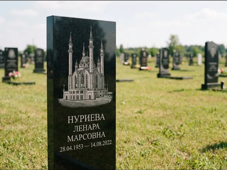 Мусульманский памятник с гравировкой мечети: узкая вертикальная стела-пилон — гравировка мечети в михраб-арке с орнаментом, открытая лужайка без ограды, работа «Хайруллина» в Липецке
