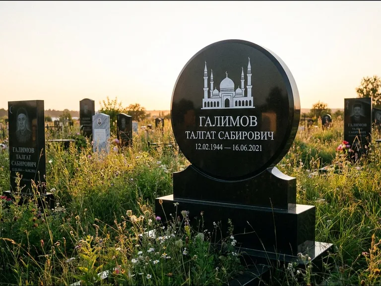 Мусульманский памятник с гравировкой мечети: округлая стела-медальон на тумбе — гравировка мечети в михраб-арке с орнаментом, луговые травы и полевые цветы, работа «Каримов» в Липецке