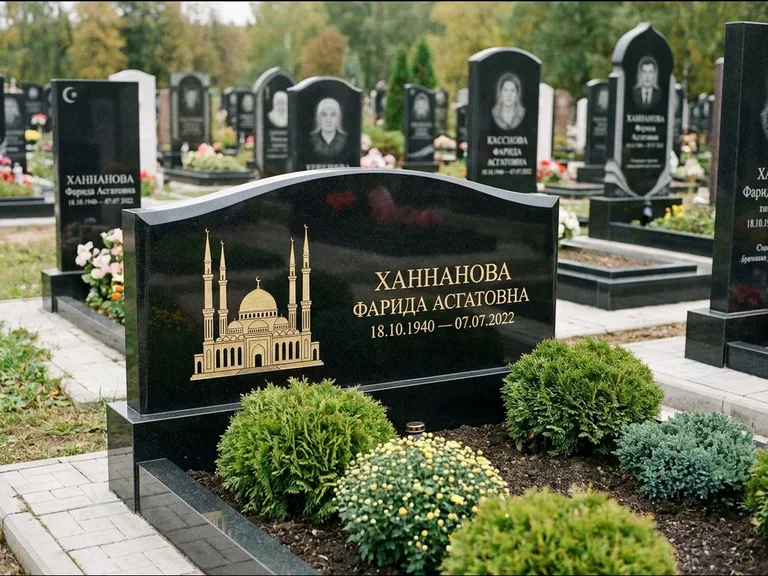 Мусульманский памятник с гравировкой мечети: вытянутая горизонтальная семейная стела с аркой — белая гравировка силуэта мечети с минаретами, участок с декоративными кустами, работа «Гарипова» в Липецке