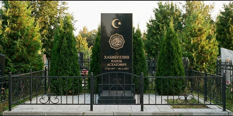 Гравировка на мусульманском памятнике в Липецке — стела из чёрного гранита, оформление по канонам ислама