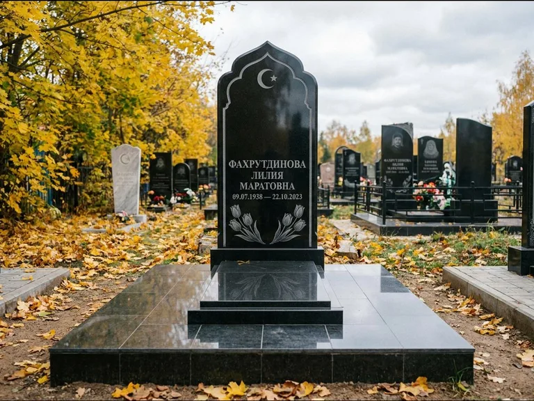 Мусульманский памятник: стела с михраб-навершием в форме арки — гравировка минарета с полумесяцем, гранитный цоколь с тёмной плиткой, работа «Фахрутдинова» в Липецке