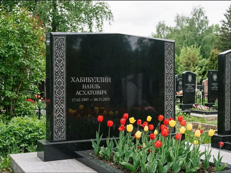Мусульманский памятник: широкая двойная семейная стела — золочёная гравировка мечети, цветник с тюльпанами, работа «Хабибуллин» в Липецке