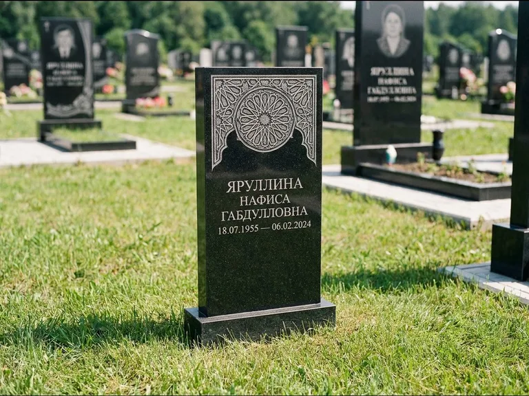 Мусульманский памятник: небольшая скромная невысокая стела — золочёная гравировка мечети, аккуратный участок с газоном, работа «Фахрутдинова» в Липецке
