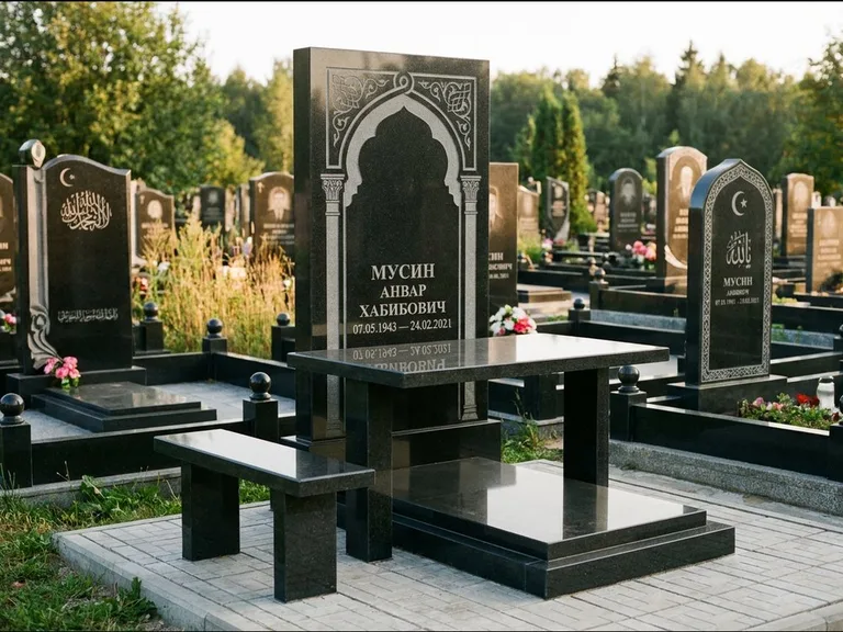 Мусульманский памятник: стела с гранитным столиком и скамьёй — гравировка мечети под полумесяцем и звёздами, семейный участок с плиткой, работа «Гимаев» в Липецке