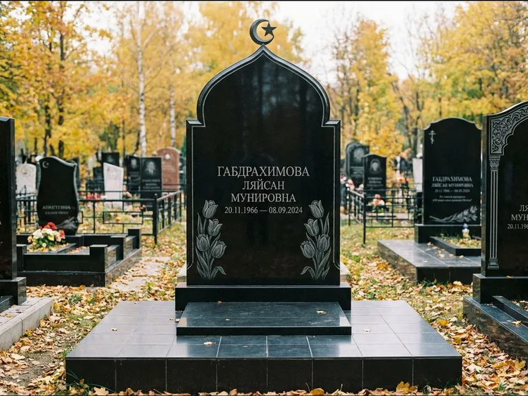 Мусульманский памятник: массивная стела с михраб-навершием — белая гравировка силуэта мечети с минаретами, цоколь тёмной плиткой, работа «Магомедова» в Липецке