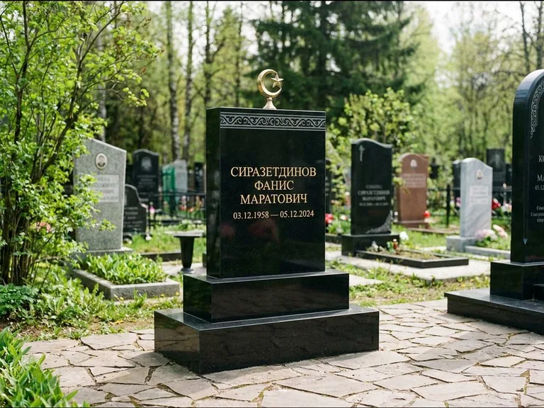Мусульманский памятник: ступенчатая трёхуровневая стела — золочёная гравировка мечети, дорожка из природного плитняка, работа «Мустафин» в Липецке