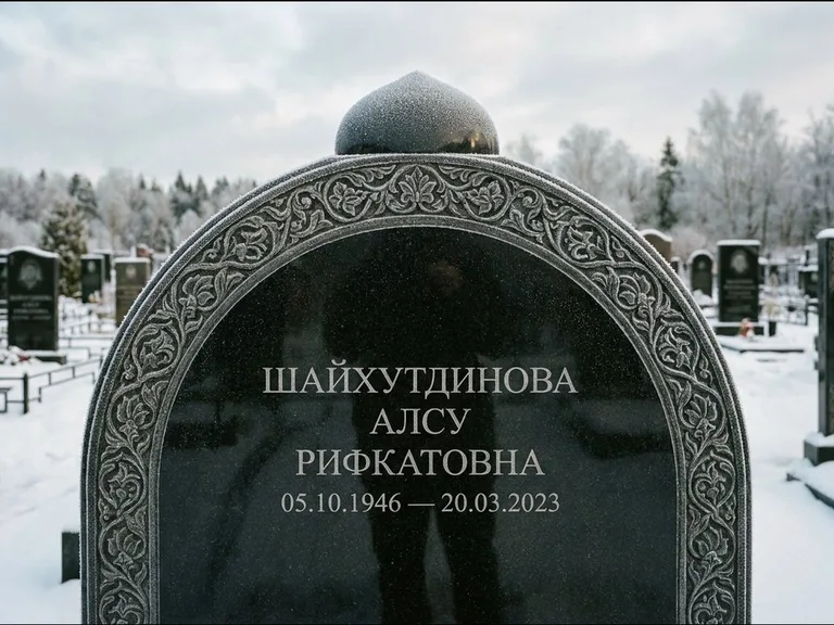 Мусульманский памятник: полукруглая стела с купольным навершием — гравировка мечети под полумесяцем и звёздами, заснеженный зимний участок, работа «Ганиева» в Липецке