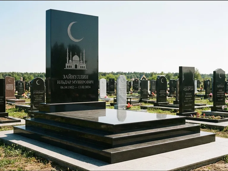 Мусульманский памятник: массивная стела на ступенчатом постаменте — гравировка мечети под полумесяцем и звёздами, гранитная площадка без ограды, работа «Хабибуллин» в Липецке