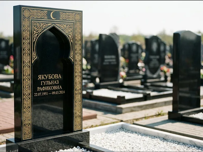 Мусульманский памятник: стела в форме михраба с глубокой нишей и золочёным орнаментом — детализированная гравировка мечети Кул-Шариф, участок с белой мраморной крошкой, работа «Мустафин» в Липецке