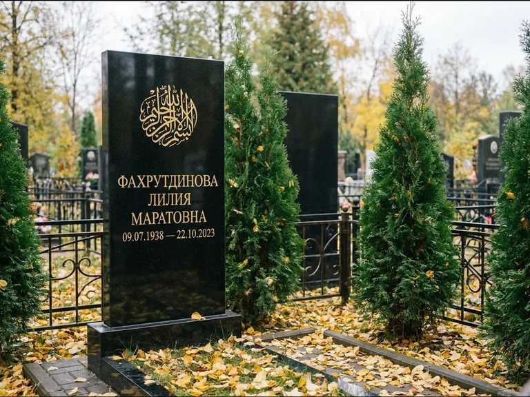 Мусульманский памятник — шахада в верхней части стелы, работа «Фахрутдинова» в Липецке