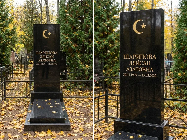 Памятник с гравировкой полумесяца — золочёная гравировка полумесяца со звездой в верхней части с, работа «Шарипова» в Липецке