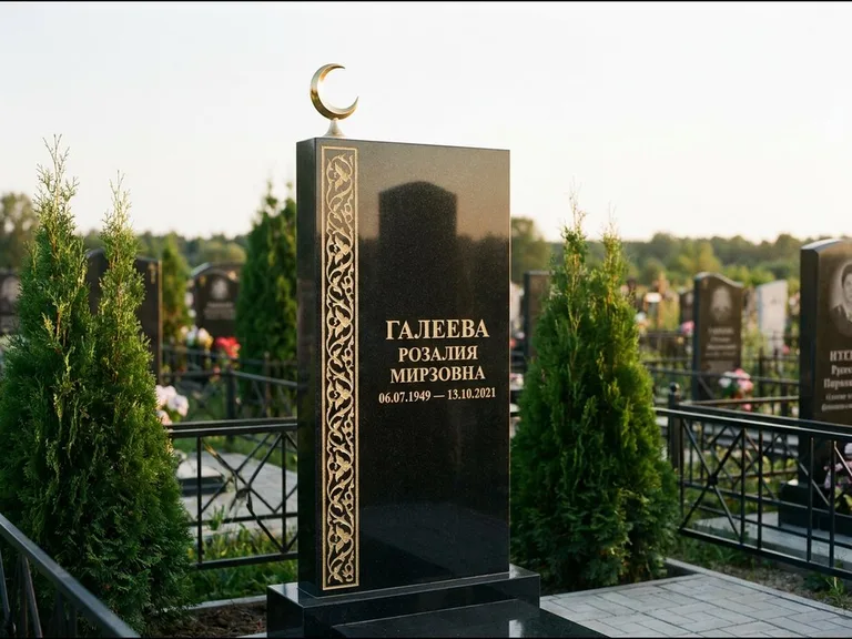 Памятник с гравировкой полумесяца — золочёный полумесяц и колонна растительного орнамента-ислими, работа «Галеева» в Липецке