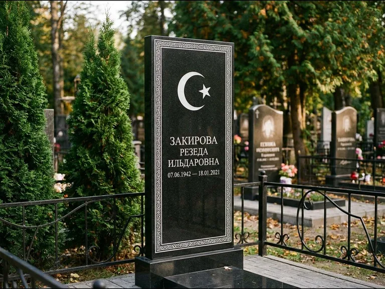 Памятник с гравировкой полумесяца — строгая белая гравировка полумесяца со звездой и орнаменталь, работа «Закирова» в Липецке