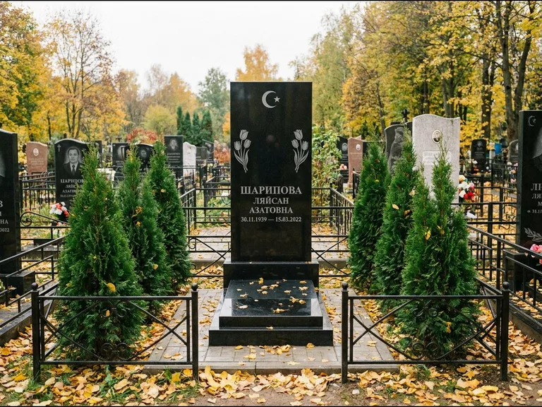 Памятник с гравировкой полумесяца — гравировка полумесяца со звездой и тюльпанами по бокам, работа «Шарипова» в Липецке
