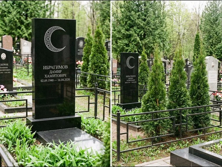 Памятник с гравировкой полумесяца — гравировка полумесяца в геометрическом орнаменте-гирихе, работа «Ибрагимов» в Липецке