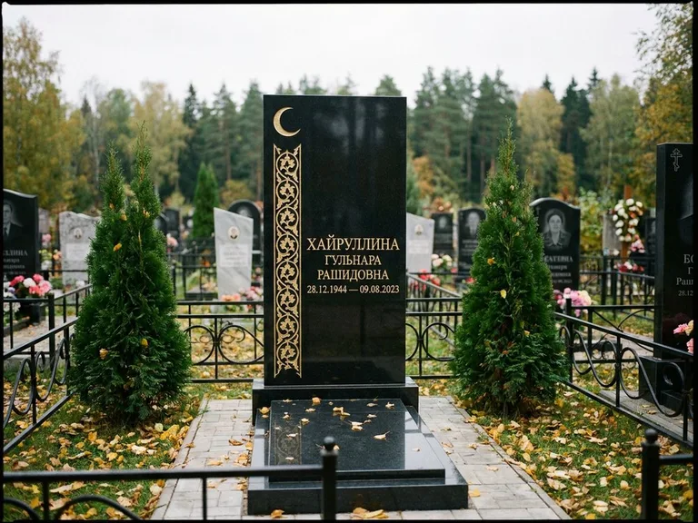 Памятник с гравировкой полумесяца — золочёный полумесяц и колонна растительного орнамента-ислими, работа «Хайруллина» в Липецке