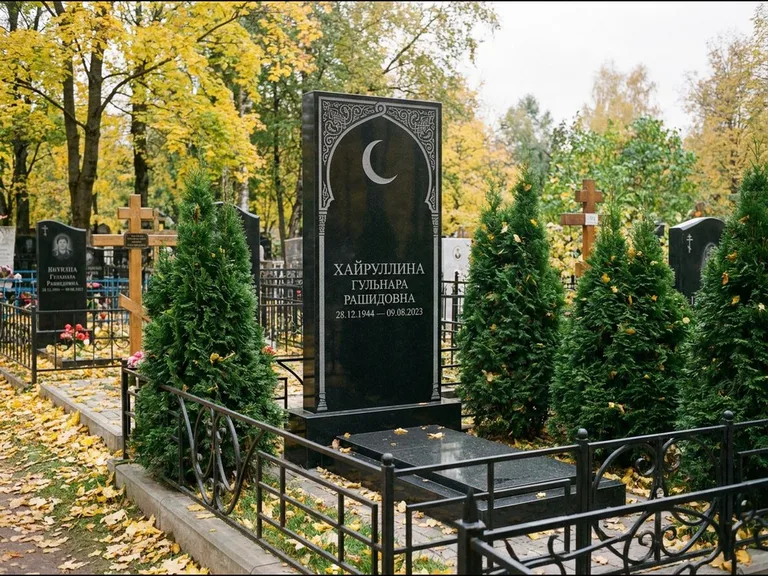Памятник с гравировкой полумесяца — гравировка полумесяца в восточной арке с орнаментом, работа «Хайруллина» в Липецке