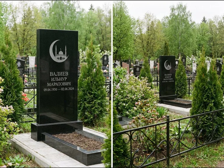 Памятник с гравировкой полумесяца — гравировка полумесяца над силуэтом мечети, работа «Валиев» в Липецке